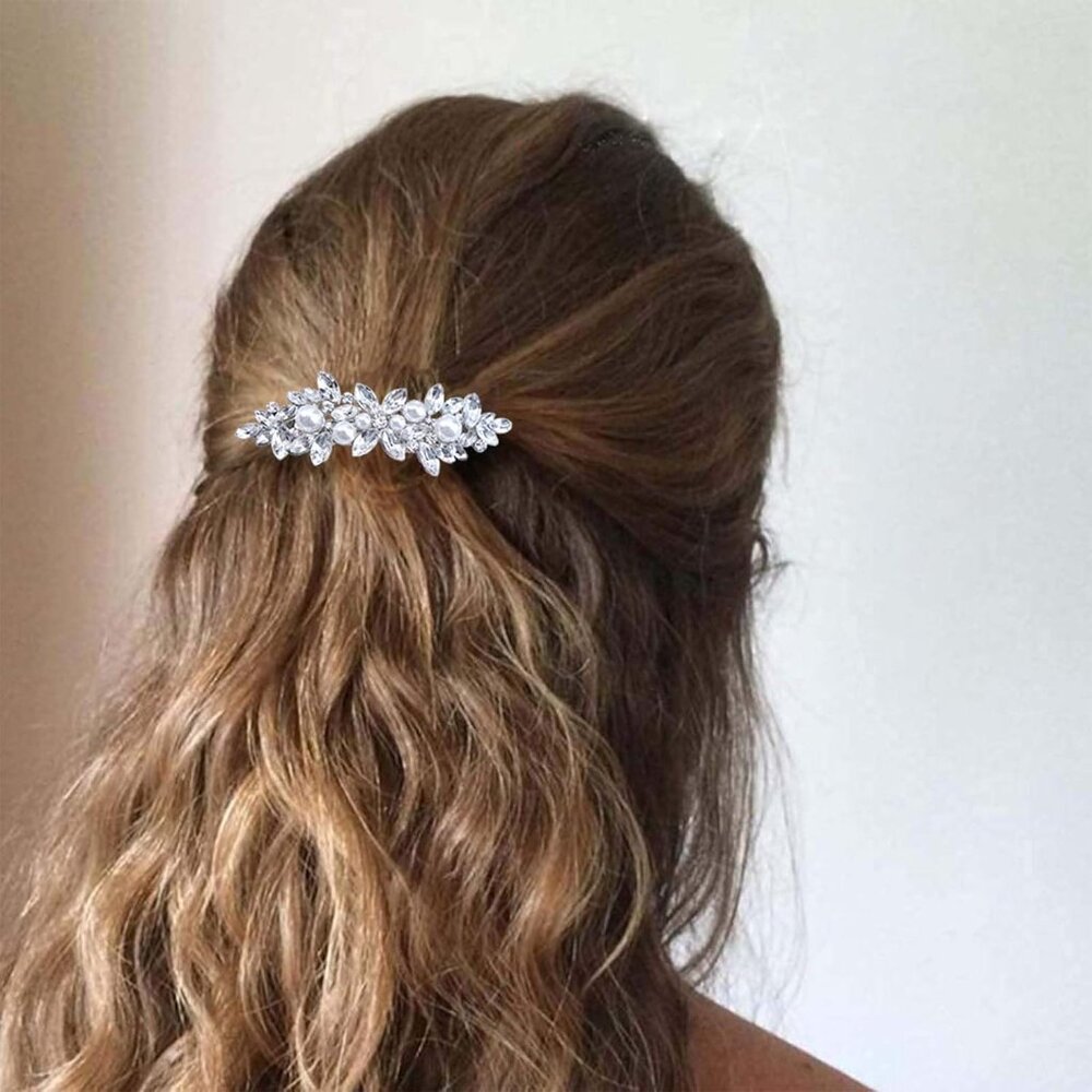 Rhinestone Pearl and Crystal Hair Barrette, Vintage Silver Bridal Hair Accessory - Picture 5 of 7